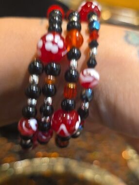 Source Unknown Red, Black and Silver Beaded Wrap Bracelet